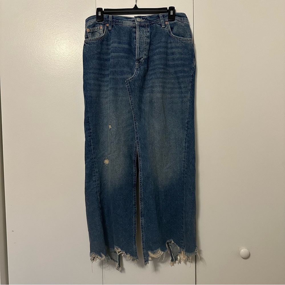 We The Free Distressed Denim Midi Skirt in Blue